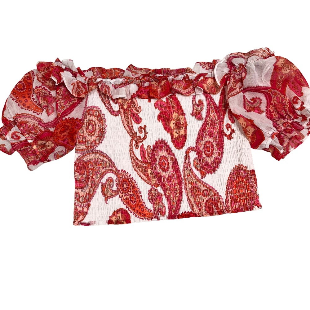 Express Womens Paisley Smocked Off The Shoulder Puff Sleeve‎ Crop Top Red Medium